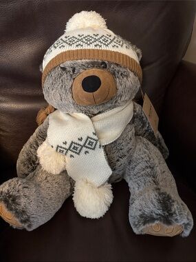 BearPaw Gray Plush Bear with Cream Knit Hat & Scarf